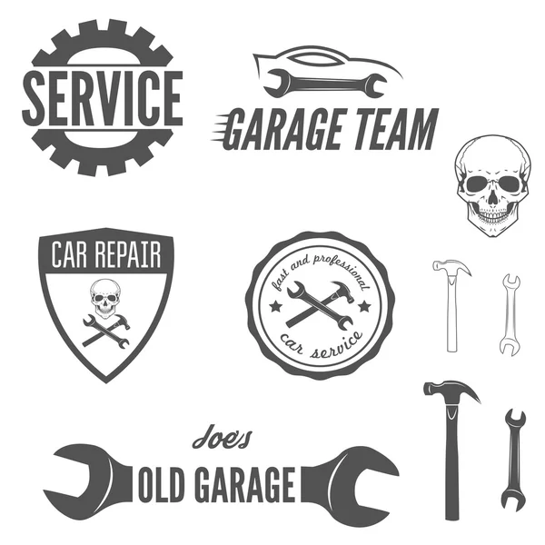 Uppsättning av logotyp, badge, emblem och logotype element för mekaniker, garage, bil reparera och auto service — Stock vektor