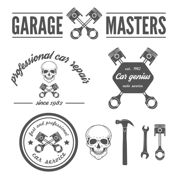 Instellen van logo, badge, embleem en logo element voor mechanic, garage, auto reparatie en auto service — Stockvector