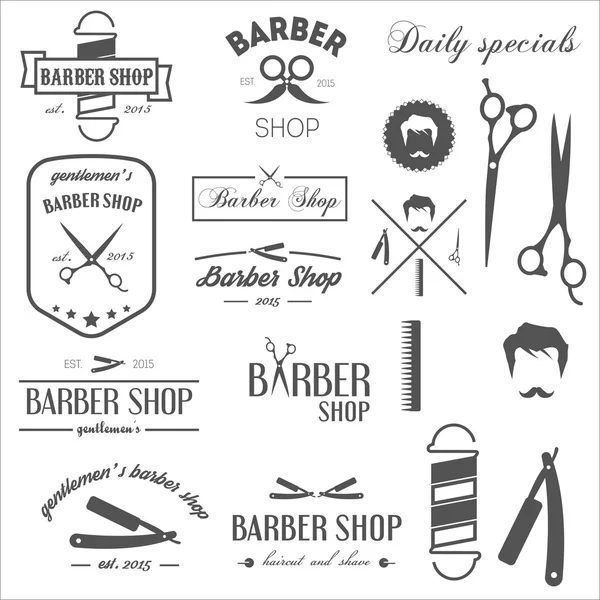 Coleção de etiquetas retro vintage, logotipos e elementos para barbearia — Vetor de Stock