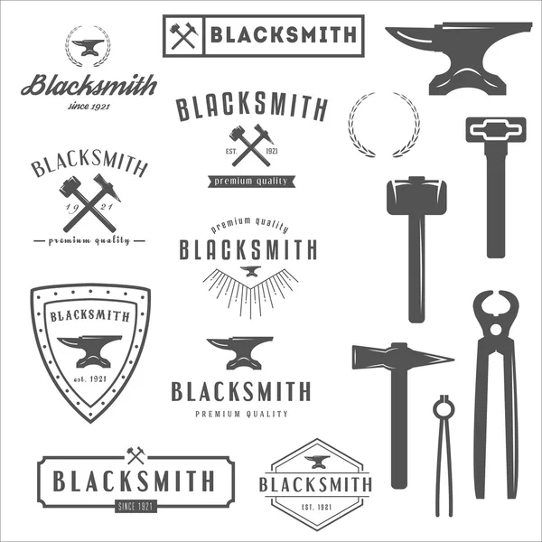 Collection of logo, elements and logotypes for blacksmith and shop — Stock Vector