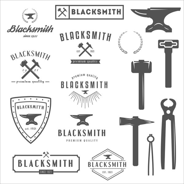 Collection of logo, elements and logotypes for blacksmith and shop