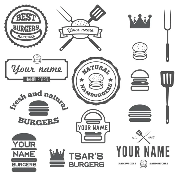 Conjunto de logotipo, rótulos, adesivos e elementos de logotipo para restaurante de fast food, café, hambúrguer e hambúrguer — Vetor de Stock