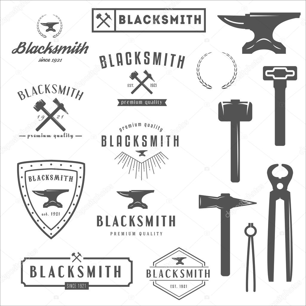 Collection of logo, elements and logotypes for blacksmith and shop