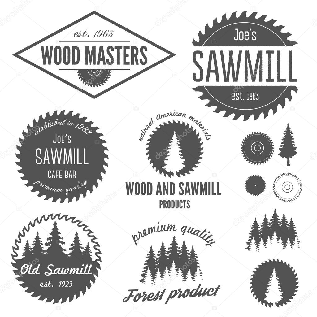 Collection of logo, labels, badges and logotype elements for sawmill, carpentry and woodworkers
