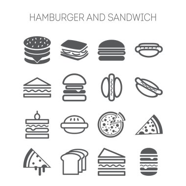 Hamburger, sandviç ve web tasarımı, siteleri, menü, restoranlar, uygulamalar ve çıkartmaları için pizza ile basit simgeler kümesi