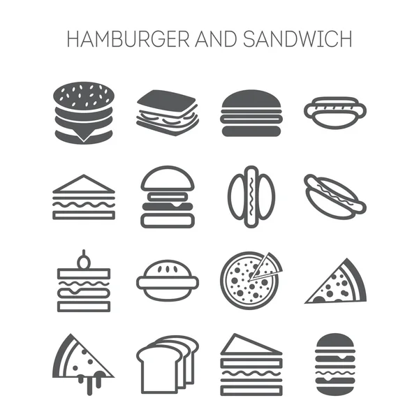 Hamburger, sandviç ve web tasarımı, siteleri, menü, restoranlar, uygulamalar ve çıkartmaları için pizza ile basit simgeler kümesi