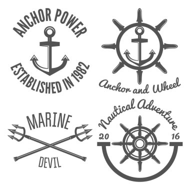 Retro vintage deniz etiketleri ve rozetleri logo şablonlar kümesi. Hippi tarzı tasarım, marka, marka, logo, şirket, kurumsal, kimlik