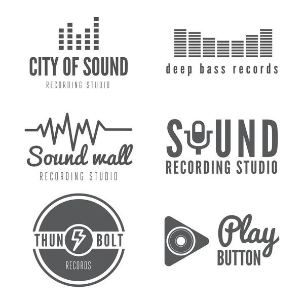 Soubor loga, odznak, etikety, nálepky, znak, tisk či logotyp prvky pro zvukové nahrávací studio, tričko nebo zvukové produkce — Stockový vektor