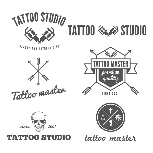 Csoportja, logo, embléma, jelvény, nyomtatás, matrica vagy emblémát elemek tattoo szalonban vagy a tetováló mester — Stock Vector