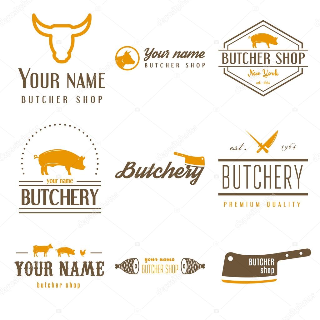 Set of labels templates and logo of butchery meat shop and logotype elements