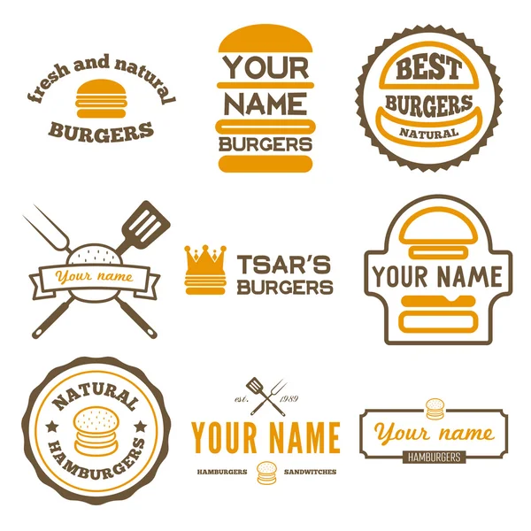 Logos, Etiketten, Aufkleber und Logoelemente für Fast-Food-Restaurants, Cafés, Hamburger und Burger — Stockvektor