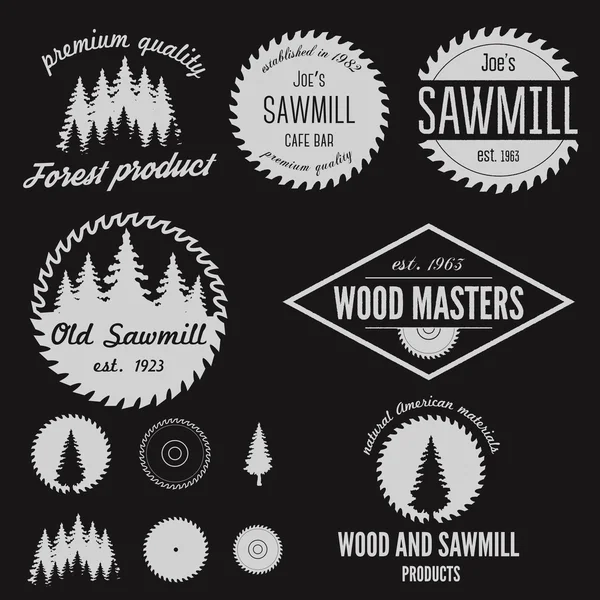 Set of logo, labels, badges and logotype elements for sawmill, carpentry and woodworkers — Stock Vector