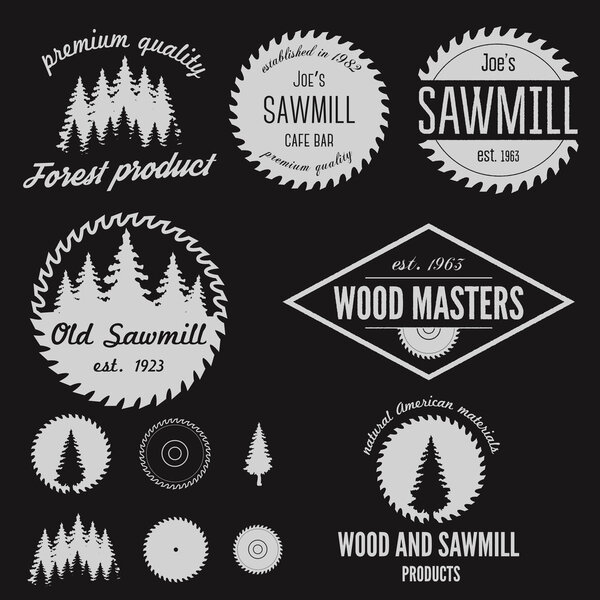 Set of logo, labels, badges and logotype elements for sawmill, carpentry and woodworkers