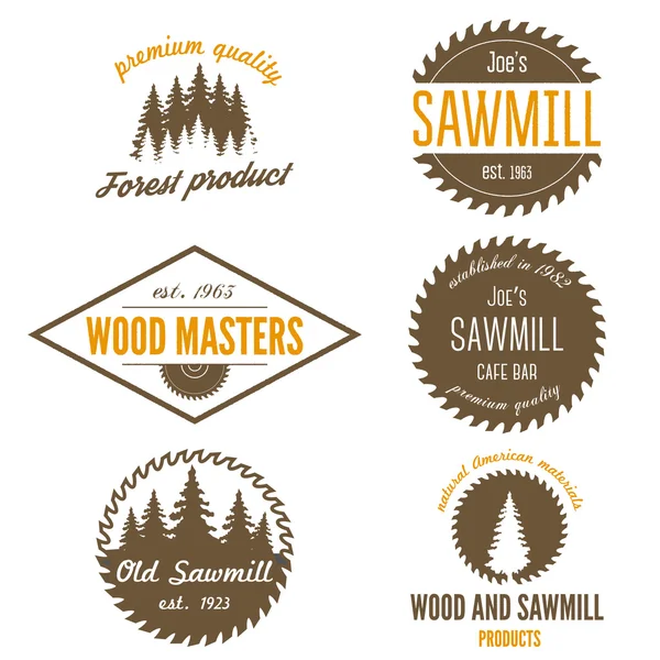 Set of logo, labels, badges and logotype elements for sawmill, carpentry and woodworkers — Stock Vector