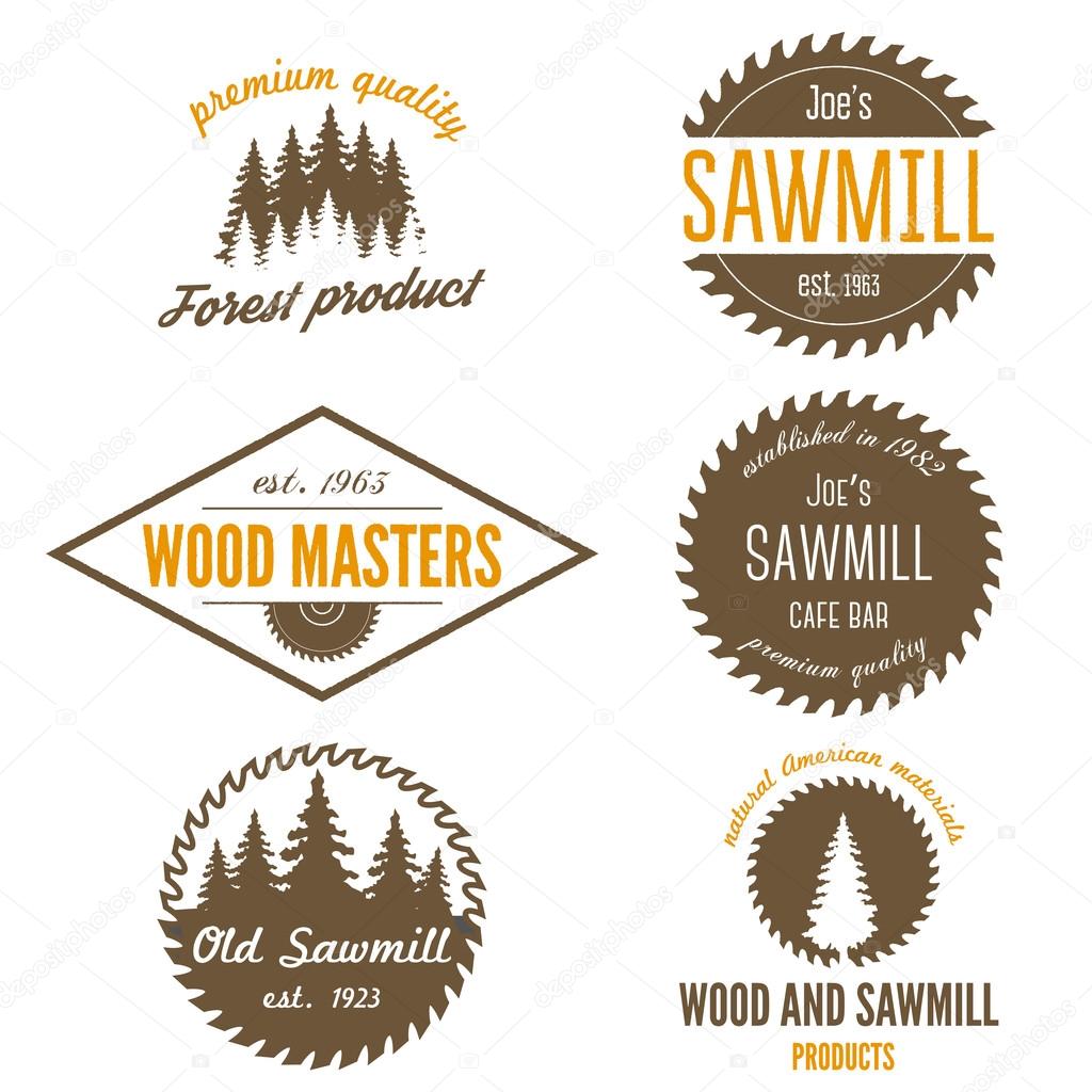 Set of logo and logotype elements for sawmill, carpentry and woodworkers
