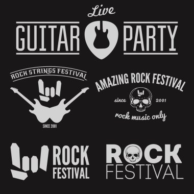 Parti set vintage logo, rozet, amblem veya logo öğeleri müzikal performans, rock Festivali veya gitar