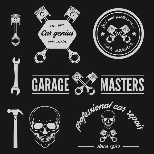 Conjunto de logotipo, emblema, emblema e elemento de logotipo para mecânico, garagem, reparação de automóveis e serviço de automóvel —  Vetores de Stock