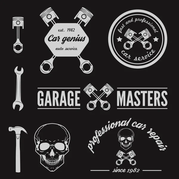 Instellen van logo, badge, embleem en logo element voor mechanic, garage, auto reparatie en auto service — Stockvector