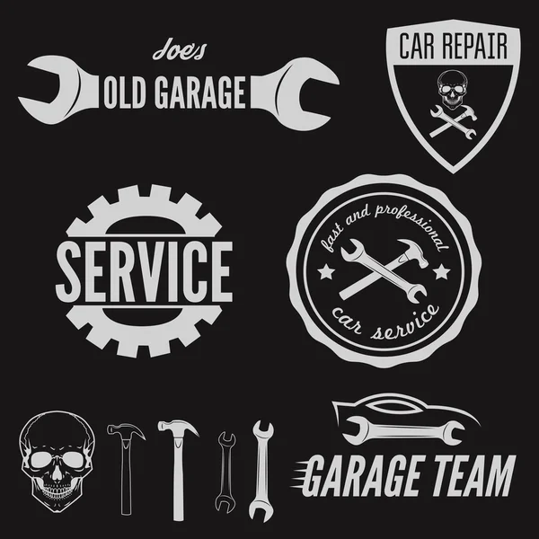 Set of logo, badge, emblem and logotype element for mechanic, garage, car repair and auto service — Stock Vector