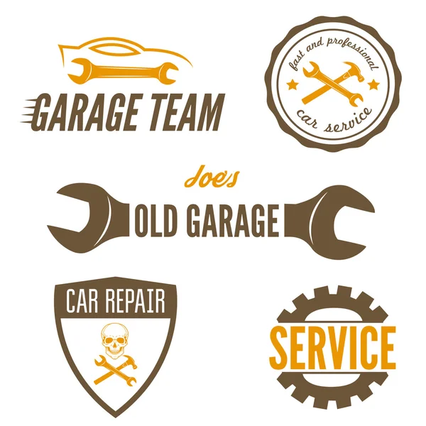 Instellen van logo, badge, embleem en logo element voor mechanic, garage, auto reparatie en auto service — Stockvector