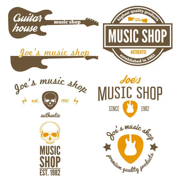Σύνολο στοιχεία του τρυγητού λογότυπο, σήμα, έμβλημα ή λογότυπο για μουσική κατάστημα, κατάστημα κιθάρα — Διανυσματικό Αρχείο