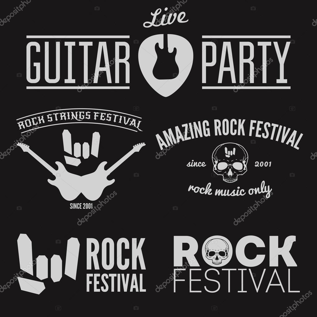 Set of vintage logo or logotype elements for musical performance, rock festival or guitar party