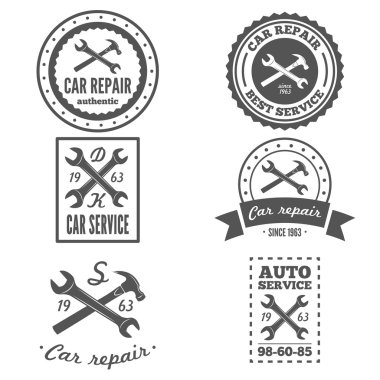 Vintage mekanik etiketleri, amblem ve logo kümesi. Vektör çizim
