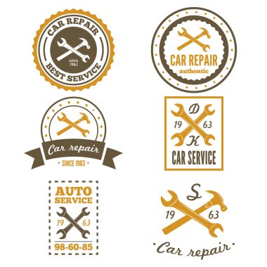 Vintage mekanik etiketleri, amblem ve logo kümesi. Vektör çizim