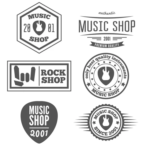 Набор винтажных логотипов, значков, эмблем или логотипов элементов для музыкального магазина, гитарного магазина — стоковый вектор