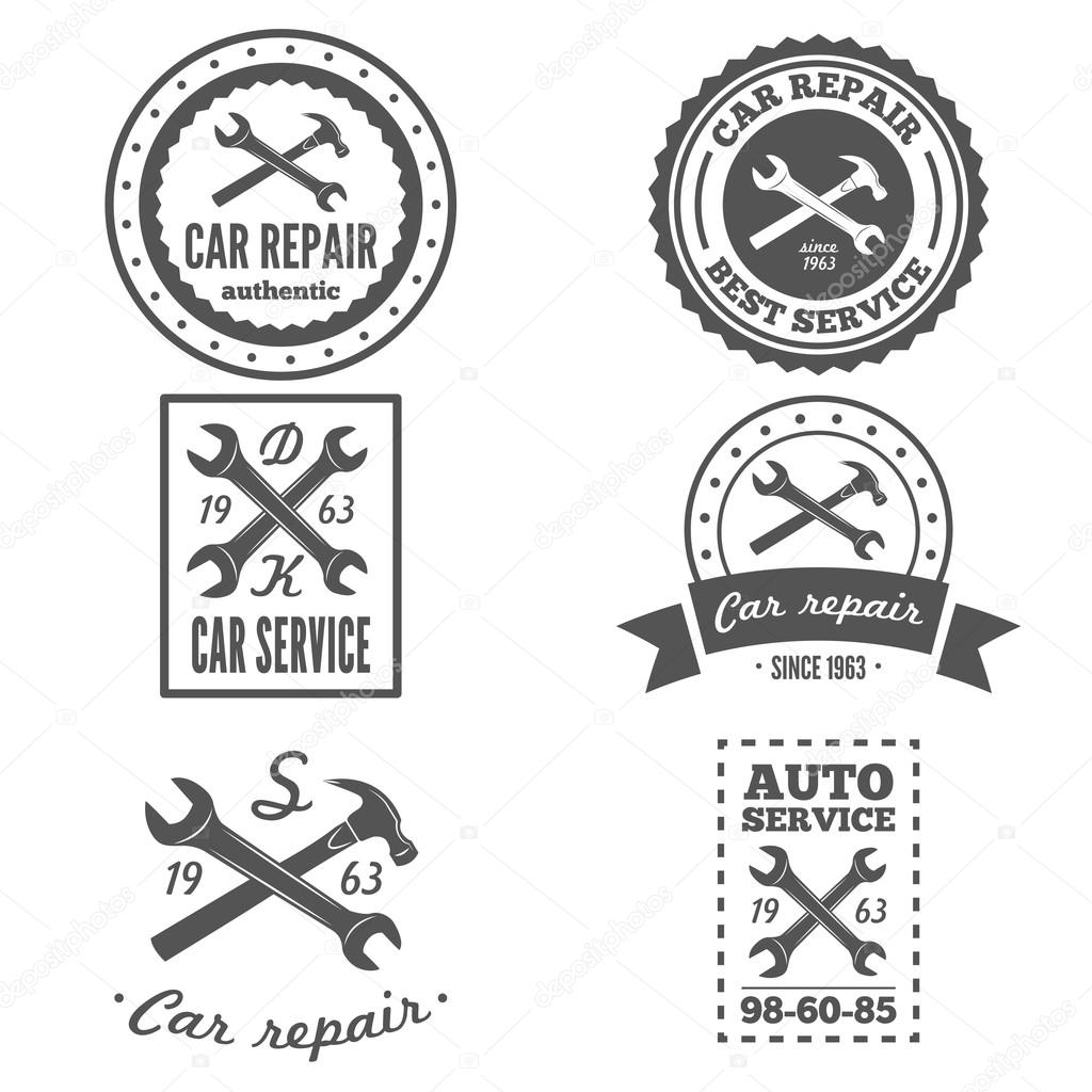 Set of vintage mechanic labels, emblems and logo. Vector