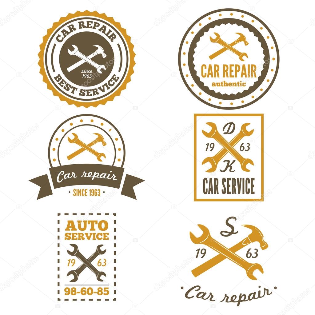 Set of vintage mechanic labels, emblems and logo. Vector