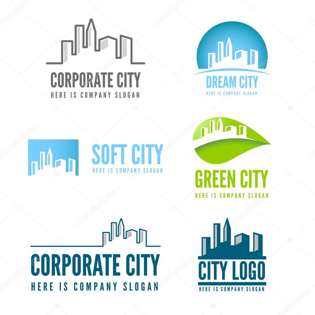 Logo or logotype elements with buildings for web, business or other projects