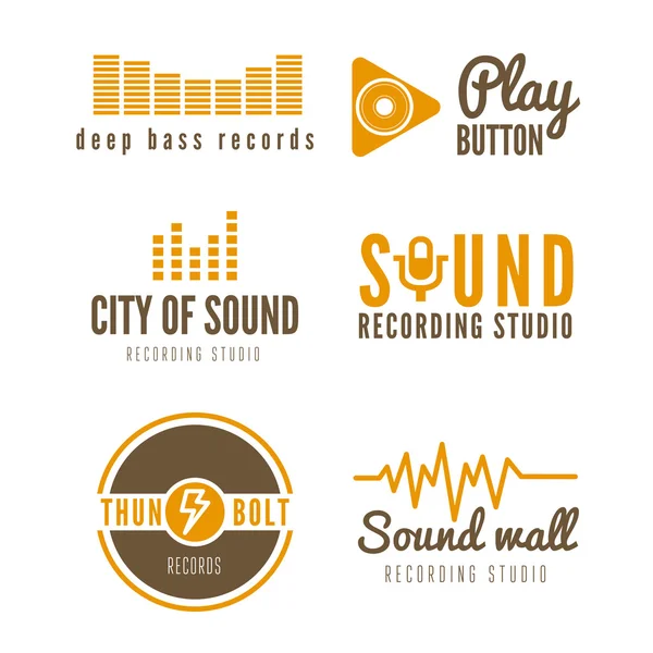 Set aus Logo, Abzeichen, Etikett, Aufkleber, Emblem, Druck- und Logotyp-Elementen für Tonstudio oder Soundproduktion — Stockvektor