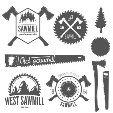 Set of badge, labels or emblem elements for sawmill, carpentry and woodworkers
