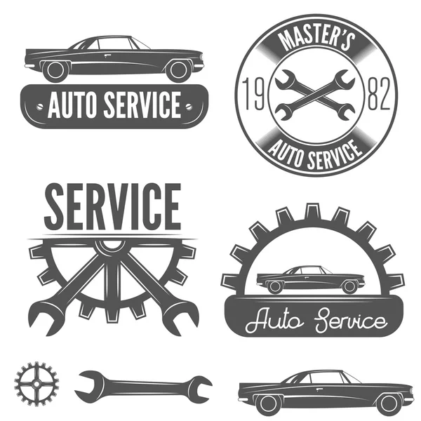 Conjunto de insignia, emblema y elemento de etiqueta para mecánico, garaje, reparación de automóviles o servicio automático — Archivo Imágenes Vectoriales