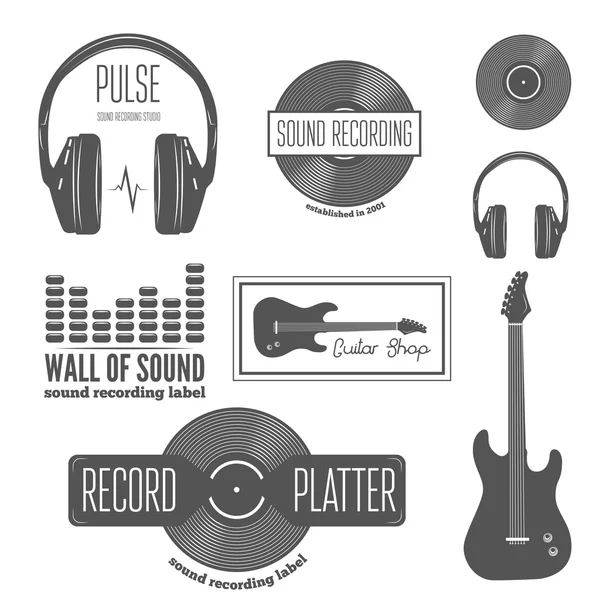 Set of badge, label, sticker, emblem, print and elements for recording studio, shirt or sound production — Διανυσματικό Αρχείο