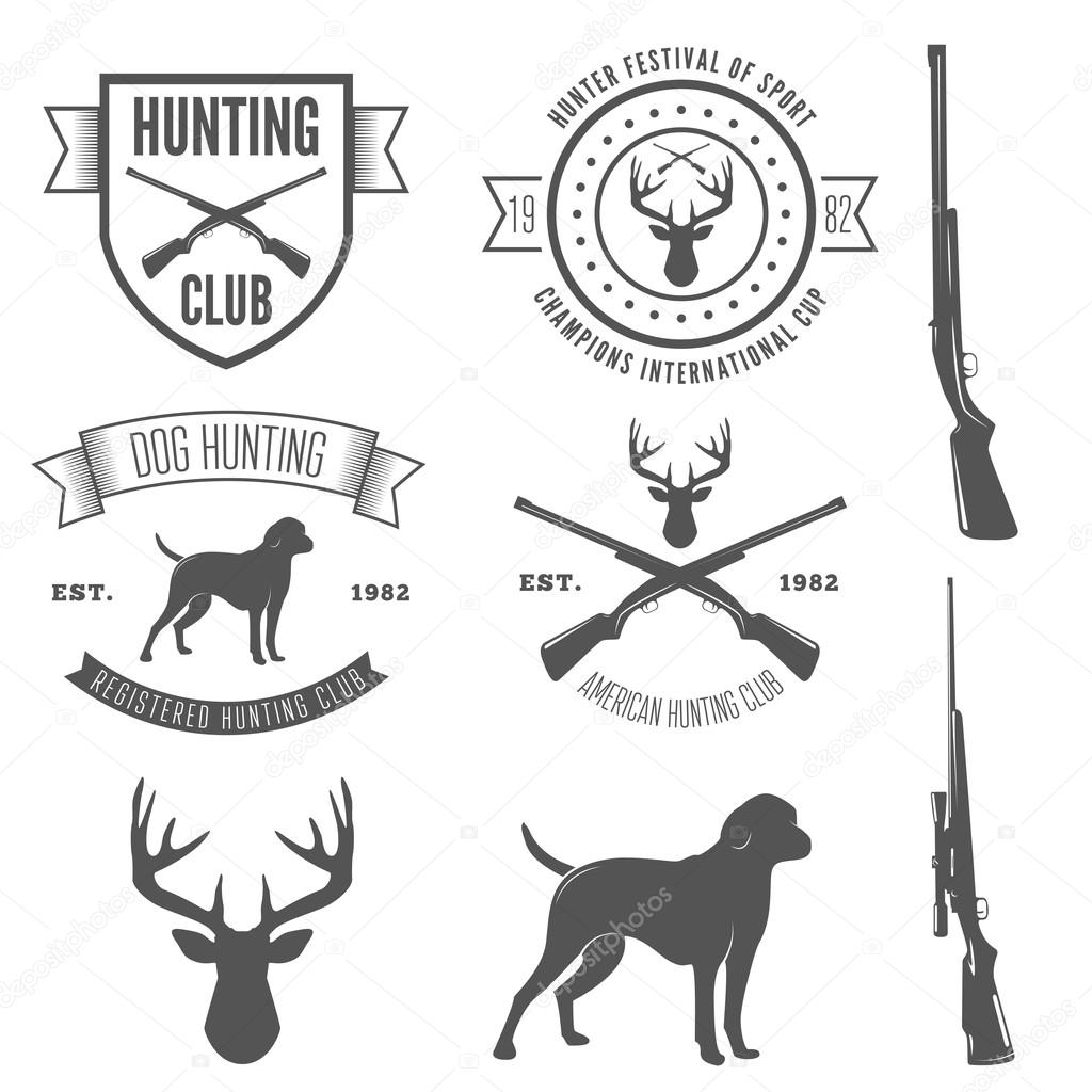 Set of vintage badge, emblem or logotype elements for hunting club and gun shop