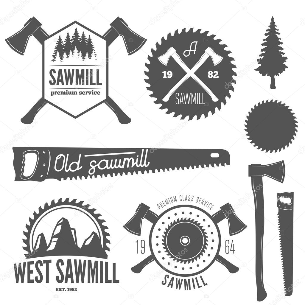 Set of badge, labels or emblem elements for sawmill, carpentry and woodworkers