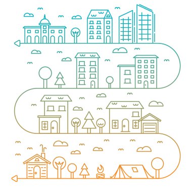 Vector city illustration in linear style buildings, trees and clouds - graphic design template