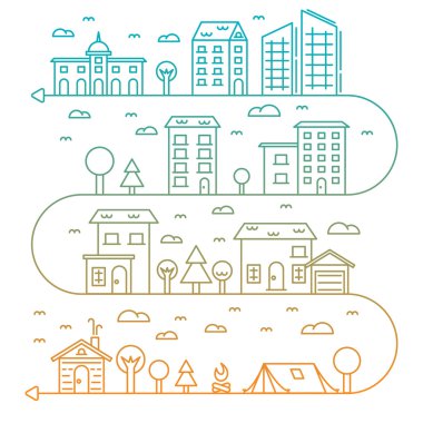 Vector city illustration in linear style buildings, trees and clouds - graphic design template