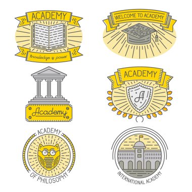 Rozetleri, etiketleri, tasarım öğeleri ve Akademi, logo tasarımı, illüstrasyonlar veya web için üniversite hakkında trendy lineer tarzda şablonları kümesi