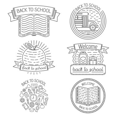 Rozetleri, etiketleri, tasarım öğeleri ve logo tasarımı, illüstrasyonlar veya web için okula geri hakkında trendy lineer tarzda şablonları kümesi