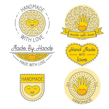 Logo tasarımı, illüstrasyonlar veya web için el yapımı rozetleri, etiketleri, tasarım öğeleri ve trendy lineer tarzda şablonları ayarlama