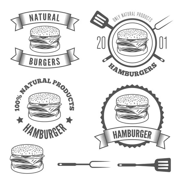 Set de etiquetas, pegatinas y elementos logotipos para restaurante de comida rápida, cafetería, hamburguesa o hamburguesa — Vector de stock