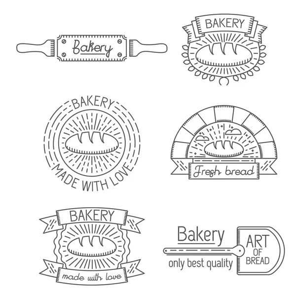 Conjunto de insignias, etiquetas, elementos de diseño y plantillas en estilo lineal de moda sobre panadería, pan, pasteles para el diseño de logotipos, ilustraciones o web — Vector de stock