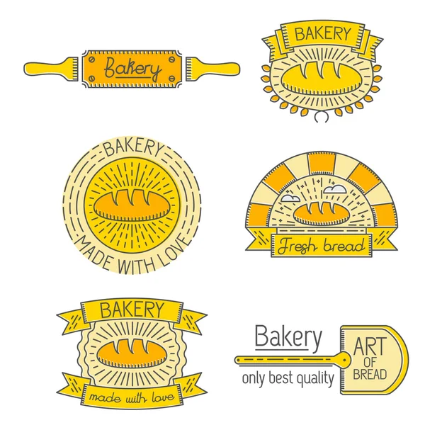 Conjunto de emblemas, rótulos, elementos de design e modelos em estilo linear moderno sobre padaria, pão, bolos para design de logotipo, ilustrações ou web —  Vetores de Stock