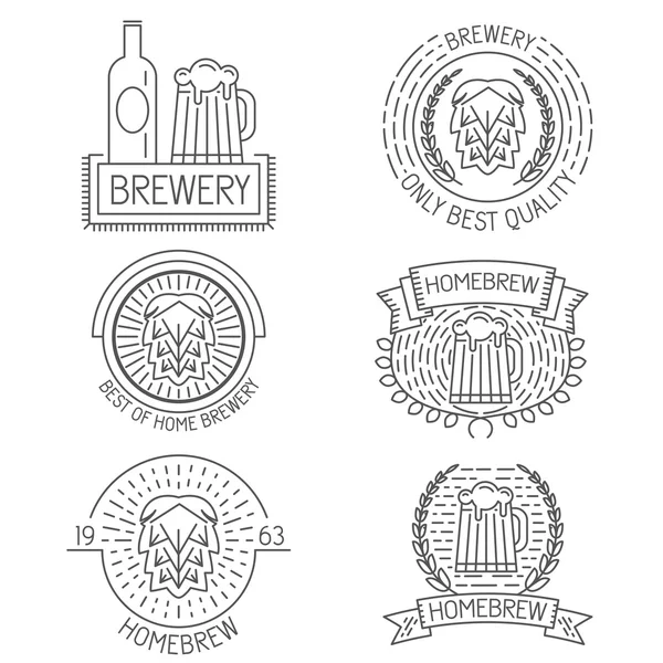 Conjunto de emblemas, rótulos, elementos de design e modelos em estilo linear moderno sobre cerveja, cervejaria, cerveja caseira para design de logotipo, ilustrações ou web — Vetor de Stock