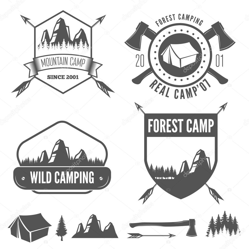 Set of vintage mountains and forest camp badges and travel label, badge, logo emblems