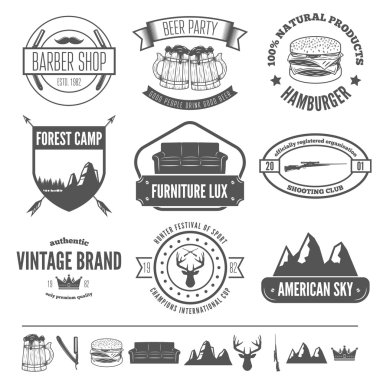 Retro Vintage Insignias set, vector design elements, business signs, identity, labels, badges, apparel, shirts, ribbons, stickers and other branding objects.