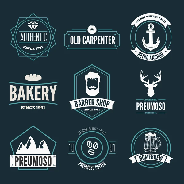 Conjunto de insignias retro vintage, elementos de diseño vectorial, signos comerciales, identidad, etiquetas, insignias, prendas de vestir, camisas, cintas, pegatinas y otros objetos de marca . — Vector de stock